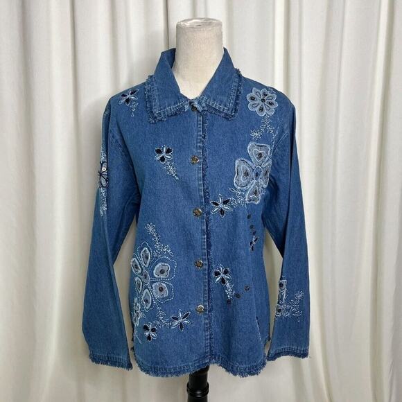 Keren Hart Floral Embroidered Denim Jacket Vintage Y2K Women's Medium Bohemian - Picture 2 of 12